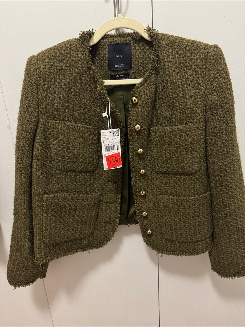 Mango Olive Green Tweed Cropped Pocket Jacket with Gold Buttons